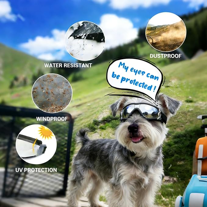 PETLESO Dog Goggles for Small Breeds, UV Protection Dog Sunglasses with Adjustable Straps, Outdoor Windproof Pet Eyewear for Small to Medium Pet, Soft Frame, M
