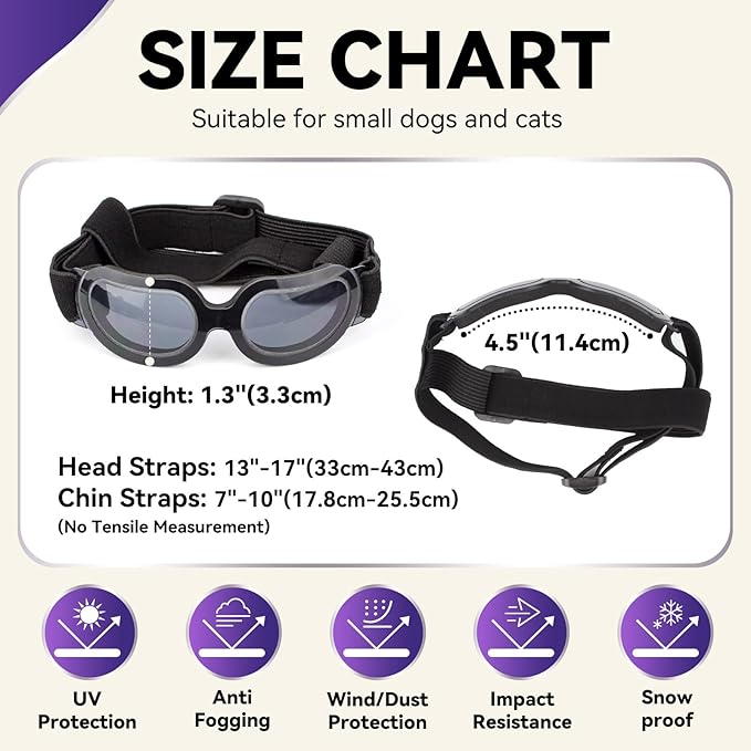 ENJOYING Dog Sunglasses Small Breed, Anti-UV Puppy Goggles for Small Dogs, Windproof Outdoor Dog Eye Protection for Driving Biking, Adjustable Head Straps, Cool Black
