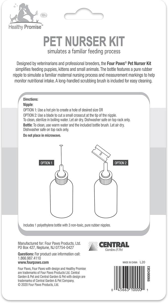 Four Paws Pet Nursing Kit, Feeding Bottle and Brush for Kittens & Puppies, 2 oz.