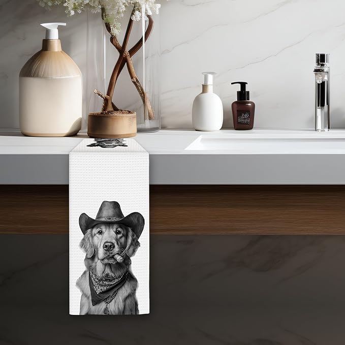 Golden Retriever Gifts Western Dog Kitchen Towels, Gifts for Golden Retriever Lovers Cowboy Decorative Hand Dish Tea Towel for Kitchen, Funny Dog Cowboy Cowgirl Home Bathroom Decor(16x24In)