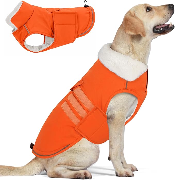 Mklhgty Extra Warm Dog Coat, Waterproof Dog Winter Jacket with Leash Portal, Fleece Reflective Pet Snow Vest for Small Medium Large Dogs - Orange - S