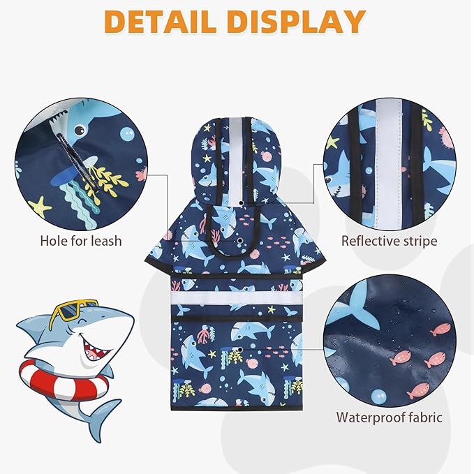 KOOLTAIL Dog Raincoat Hooded Slicker Poncho with Leash Hole, Dog Raincoat for Small Medium Dogs,Waterproof Plush Fleece Lining Pet Rain Jacket with Reflective Adjustable Strip Puppy Rainwear Shark M
