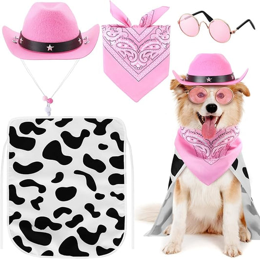 4 Pcs Halloween Dog Costumes Pet Cowboy Costume Cowgirl Hat with Bandana, Puppy Cape and Hip Hop Glasses for Halloween Dog Cat Puppy Kitten Cosplay Accessories(Medium)