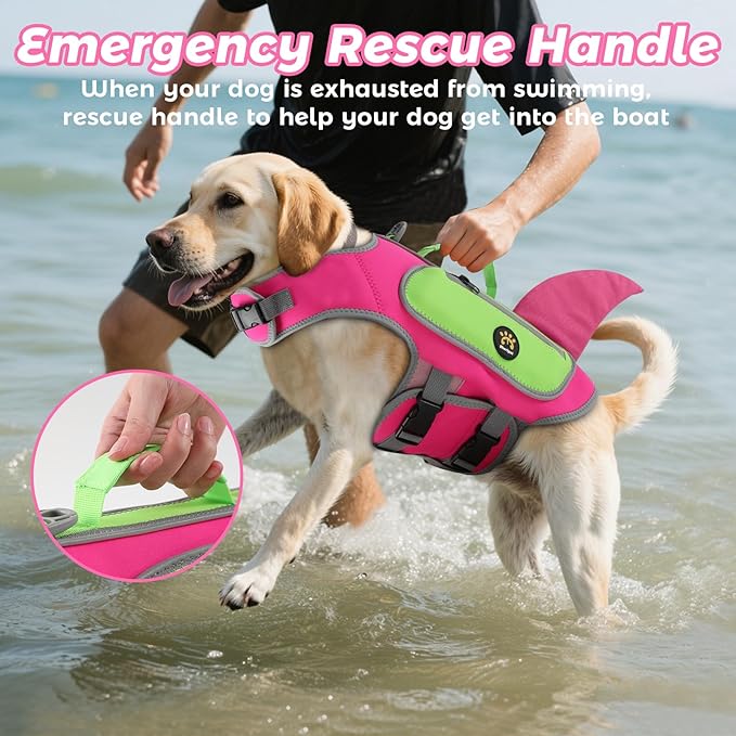 Dog Life Jacket Shark, Good Visibility Dog Life Vest for Swimming Boating, Reflective & Adjustable Pet Swim Floating Vest with High Buoyancy for Small Medium Large Dogs (Rosepink, X-Large)