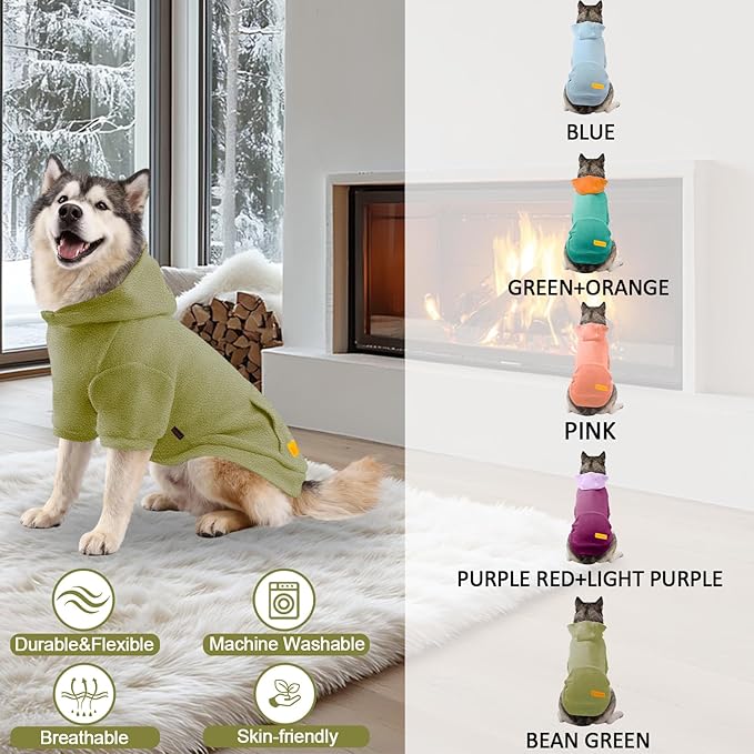 Dog Hoodie Sweatshirts, Fleece Warm Sweater for Dogs, Pet Warm Sweatshirt, Granular Velvet Sweater with Hat and Leash Hole, Soft Velvet Outfit Coat for Small Medium Large Dogs Bean Green(M)