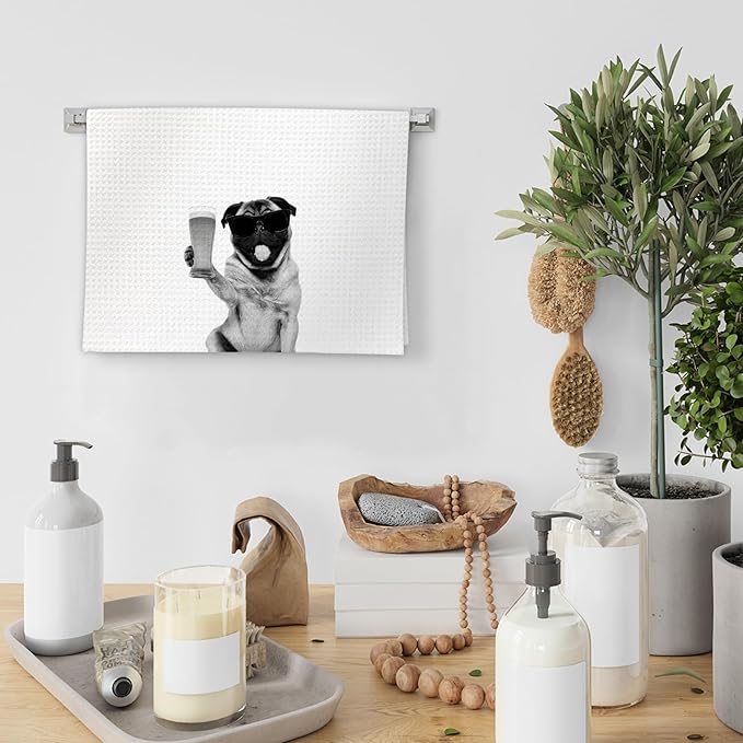 Gifts for Pug Dog Wine Lovers Kitchen Towels Set of 2, Pug Gifts Wine Decorative Hand Dish Towel for Kitchen Home Bar, Funny PugDog Beer Lover Home Bar Cart Decor(16x24 Inch)