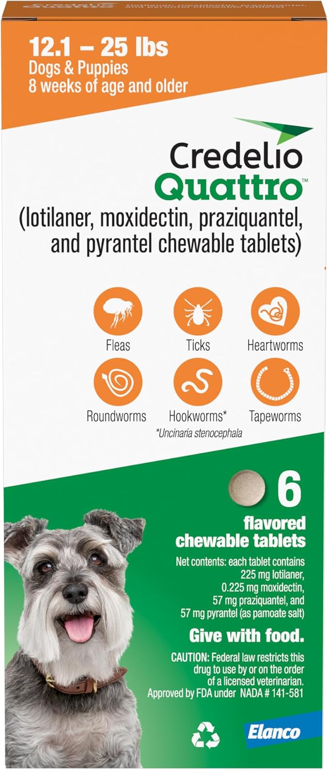 Credelio Quattro Dog Flea & Tick Treatment + Heartworm & Parasite Protection, 12.1-25 lbs (6 Chewable Tablets)