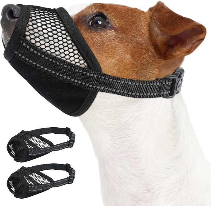 PAWsay 2 Pack Dog Muzzle, Soft Dog Muzzle for Medium Sized Dogs Anti Biting Barking Chewing Grooming, Air Mesh Breathable Puppy Mouth Guard Drinkable Adjustable Pet Muzzles, Black M