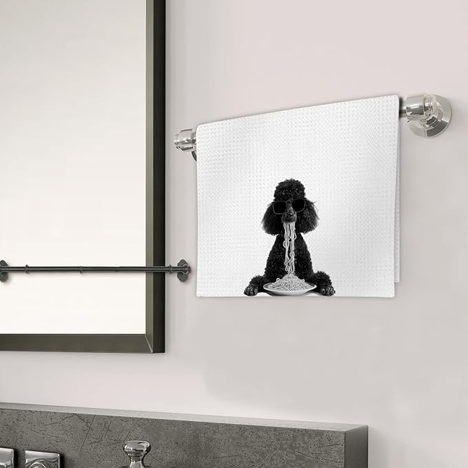 Black Poodle Gifts Wine Kitchen Towels Set of 2, Funny Black Poodle Dog Eating Pasta Decorative Hand Dish Towel for Kitchen Home Bar, Gift for PoodleDog Lovers Home Bar Decor(16x24Inch)