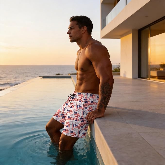 Mens Swim Trunks with Compression Liner Quick Dry Zipper Pocket Bathing