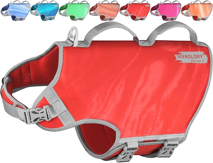 VIVAGLORY Neoprene Dog Life Vest, Dog Life Jacket for Swimming & Boating, Lightweight & Buoyancy for Puppy Doggy, Swimming Vest with Handle, XL, Red Pomegranate