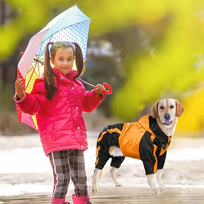 Dog Raincoat, Lightweight Rain Jacket, Adjustable 4-Legs Pet Poncho with Hood, Snow-Proof Dog Vest Rainwear, Rain Clothes Apparel with Leash Hole
