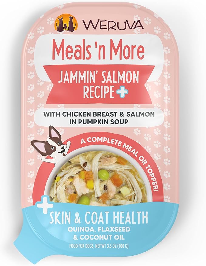 Weruva Meals 'n More Natural Wet Dog Food, Jammin' Salmon Plus Skin & Coat Health, 3.5oz Cup (Pack of 12)