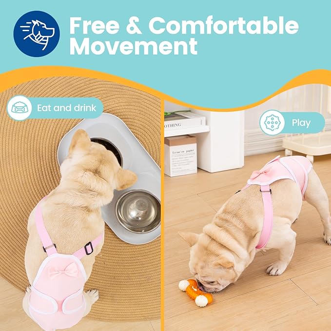 Avont 3 Pack Frenchie Dog Diapers Female, Washable Reusable Girl Doggie Pants for Period Heat Cycle, Full Body Cover Onesie with Adjustable Straps -Pink/Purple/Blue XL