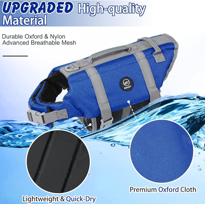 EMUST Dog Life Vests, Adjustable Pet Life Jacket with Rescue Handle, Dog Flotation Vest for Small/Medium/Large Dogs, XS, Royal Blue