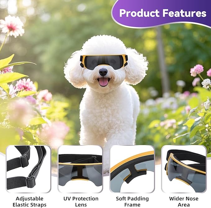 ENJOYING Dog Sunglasses Small Breed, Anti-UV Puppy Goggles for Small Dogs, Windproof Outdoor Dog Eye Protection for Driving Biking, Adjustable Head Straps, Cute Gold