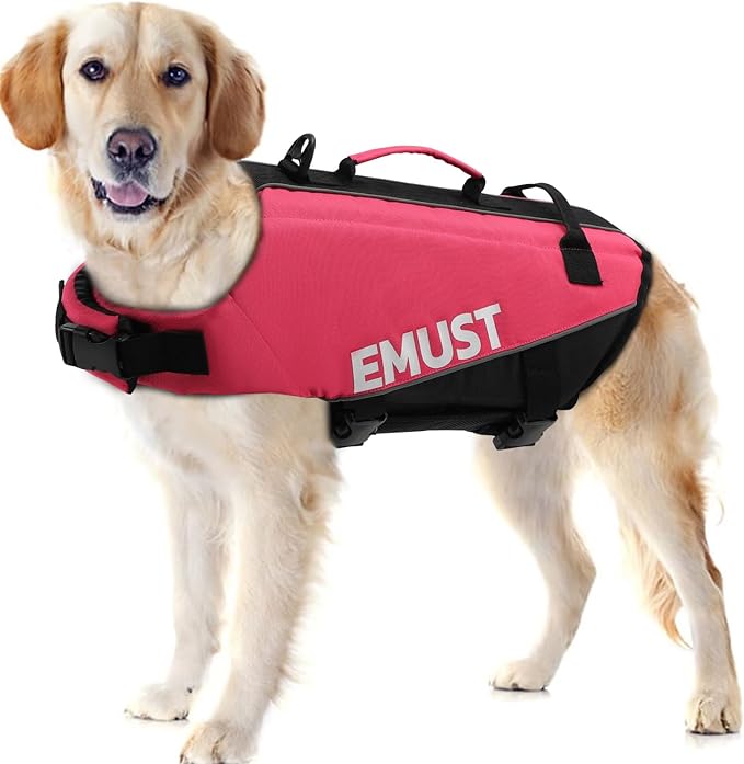 EMUST Dog Life Jacket, Dogs Life Vests for Swimming, Beach Boating Pool with High Buoyancy, Bright Color Dog Flotation Vest, Rosepink, L