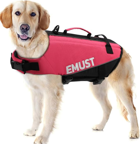 EMUST Dog Life Jacket, Dogs Life Vests for Swimming, Beach Boating Pool with High Buoyancy, Bright Color Dog Flotation Vest, Rosepink, L