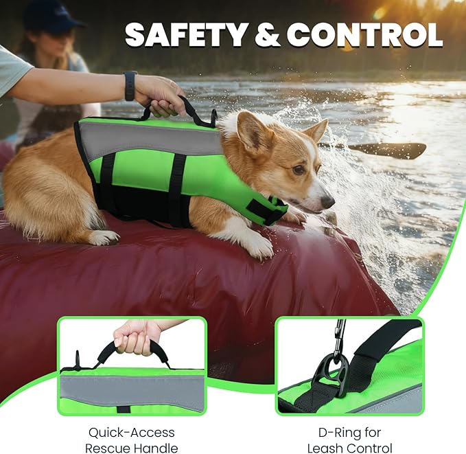 VIVAGLORY Front Float Dog Life Vest, Dog Life Jacket for Swimming & Boating, Swimming Vest with Chin Float & Handle, Ripstop & Buoyancy for Puppy Doggy, XS, Bright Green