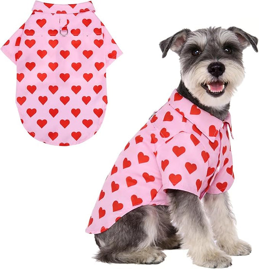 KOOLTAIL Valentine's Dog Shirt with Leash D-Ring, Soft Pet Botton Up Clothes for Small Medium Dogs, Breathable Heart Partten Puppy Polo Outfit with Sun & Insect Protection,Indoor Outdoor, Boy Girl, SM