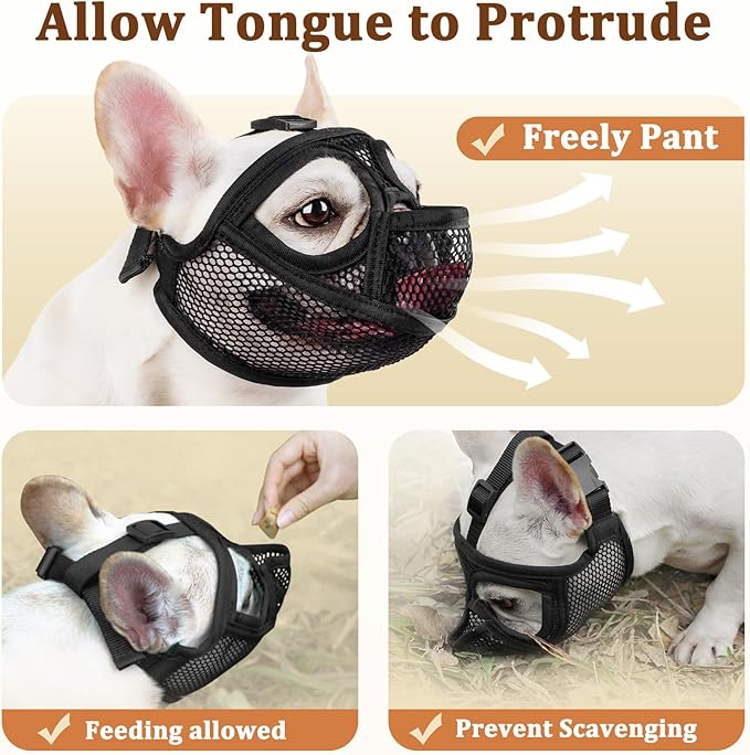 Mayerzon French Bulldog Muzzle, Mesh Short Snout Dog Muzzle for Flat-Faced Dogs Pug English Bulldog, Allows Full Panting & Drinking, Prevents Chewing Eating, Ideal for Grooming Vet Visits Walking
