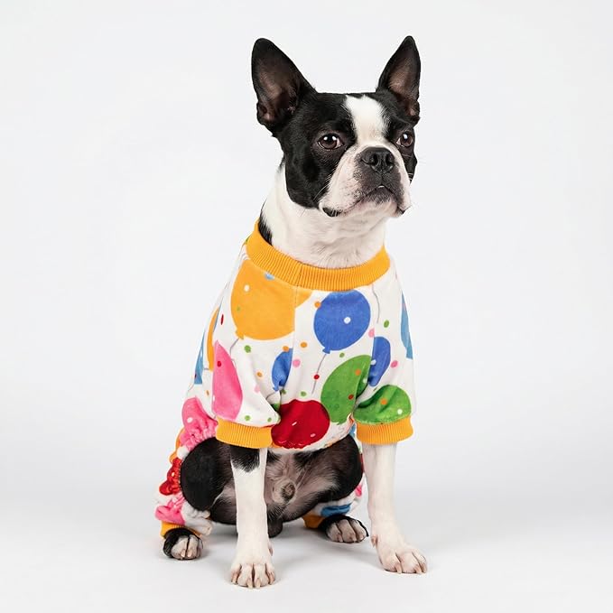 Fitwarm Balloon Dog Fleece Pajamas, Birthday Outfit for Small Dogs Boy Girl, Cozy Pet Onesie with Feet, White, Yellow, Red, Blue, Green, XXL