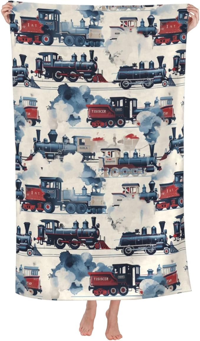 Vintage Steam Train Beach Towel,32x52in Microfiber Quick Dry Retro Locomotive Engine Car Bath Towels,Soft Lightweight Oversized Sand Free,for Travel Pool Swimming Gym Decor,Gifts Boys