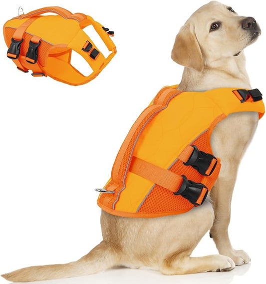 ASENKU Dog Life Jacket, High-Buoyancy Reflective Dog Swimming Vest with Durable Handles for Small/Medium/Large Dogs - Pool, Beach, Boating (Orange, L)