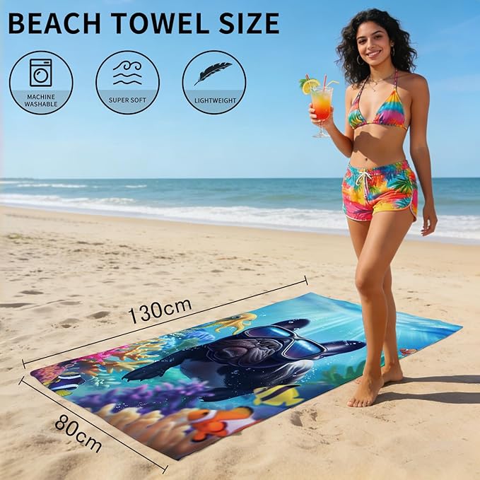 Microfiber Dog Bath Towel, Funny French Bulldog Diving with Ocean Animal Beach Towels for Kids Adults, Quick Dry Absorbent Sand Proof Towels for Swim Pool Surf Travel, Oversized 32x52