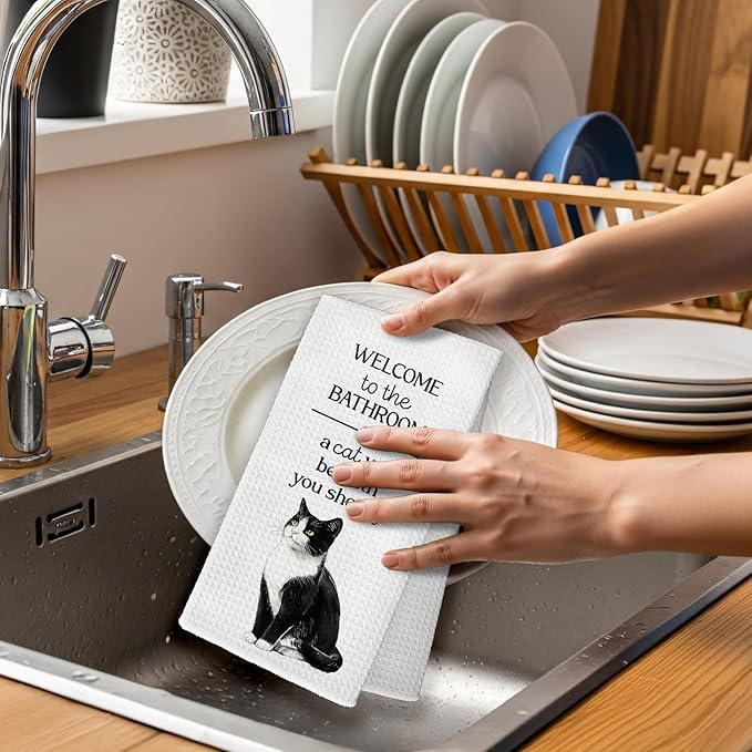 Funny Tuxedo Cat Hand Towels, Funny Tuxedo Cats Gifts for Cats Lovers Women Hand Towel, A Cat Will Be with You Shortly Decorative Towel for Bathroom, Cute Kitty Bathroom Decor, 16x24in
