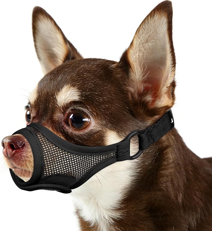 Mayerzon Mesh Dog Muzzle for Short Snout Small Dogs, Adjustable Muzzle for Chihuahua Yorkshire Shih Tzu, Prevent Fierce Barking Biting Eating, for Grooming Vet Visits, Allow to Pant Drink (Black, XXS)