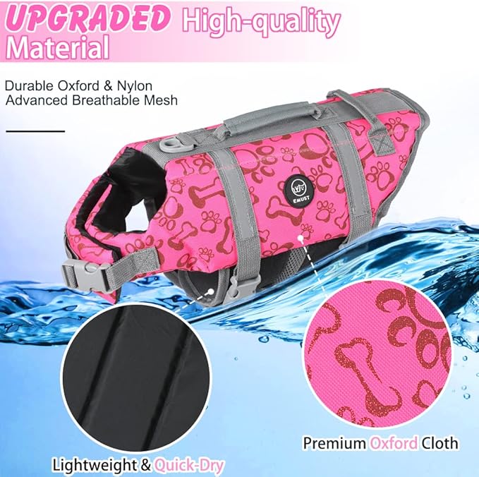 EMUST Life Jackets for Dogs, Adjustable Small/Medium/Large Dog Swim Vest for Water Safety Pet Life Vest with Rescue Handle Safety Vest for Swimming Pool Beach Boating, XL, NewPink
