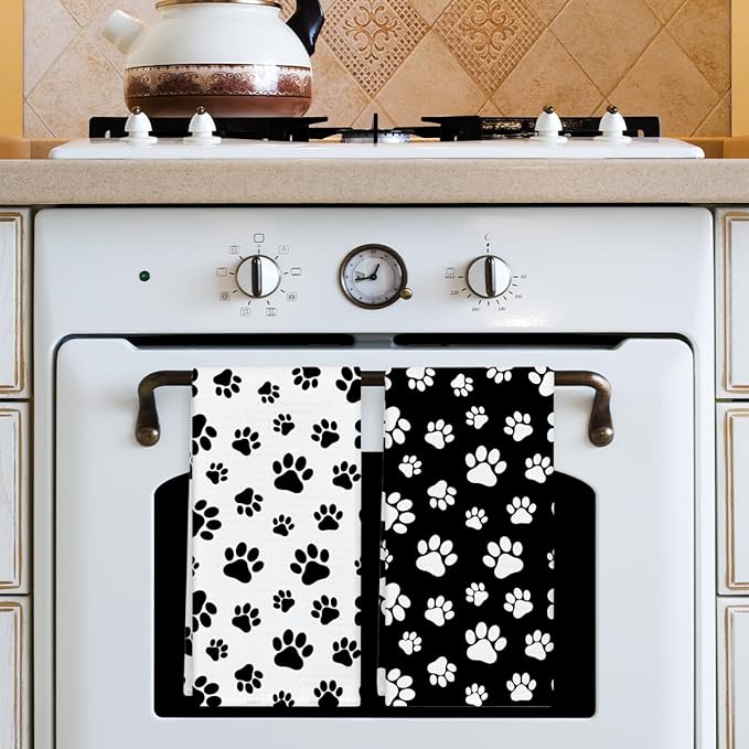 Black and White Dog Paw Print Kitchen Towels and Dishcloths Set of 2, Cute Decorative Hand Towel Drying Cloth for Bathroom, Gifts for Dog Lovers, Hostess, Women, 16x24 Inches -18