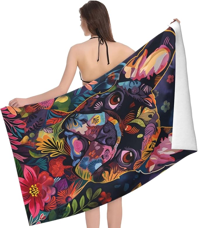 Colorful French Bulldog Beach Towel 31inx51in, Floral Dog Sand-Free Microfiber Bath Towel Ultra Soft Quick Dry Pool Towel Absorbent Towel Lightweight Towel for Swimming Bathroom Decor