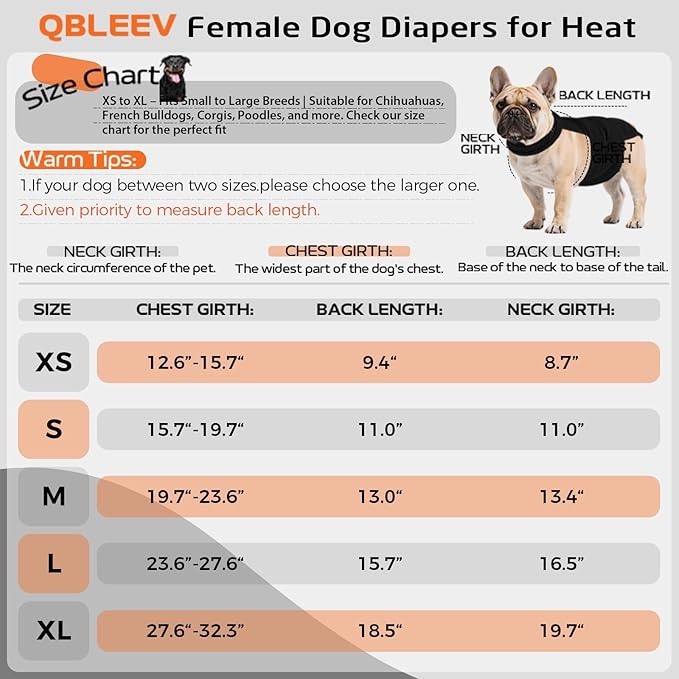 QBLEEV Female Dog Diapers with Adjustable Suspenders – Washable Sanitary Panties for Dogs in Heat or Incontinence, Escape-Proof Reusable Pet Period Underwear Onesie for Small to Large Breeds
