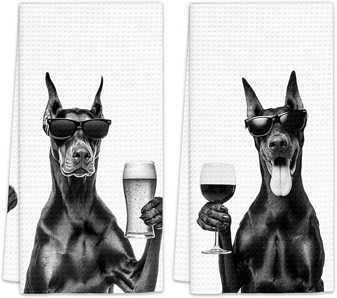 Doberman Gifts Wine Kitchen Towels Set of 2, Funny Doberman Wine Lover Decorative Hand Dish Towel for Kitchen Home Bar, Gifts for DobermanDog Beer Lovers Home Bar Cart Decor(16x24Inch)