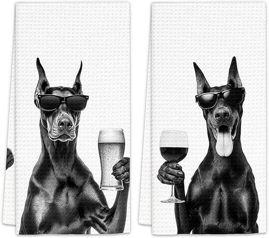 Doberman Gifts Wine Kitchen Towels Set of 2, Funny Doberman Wine Lover Decorative Hand Dish Towel for Kitchen Home Bar, Gifts for DobermanDog Beer Lovers Home Bar Cart Decor(16x24Inch)