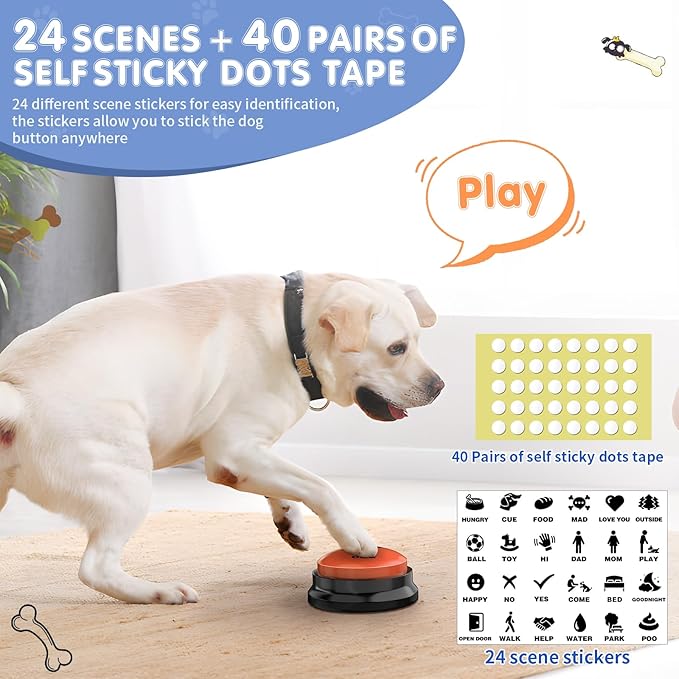 Dog Buttons for Communication, 6 PCS Dog Talking Button Set,30 Seconds Recordable Pet Training Buzzer，with Training Manual Book+12 AAA Batteries+24 Scene Modes + 1 Dog Button Mat