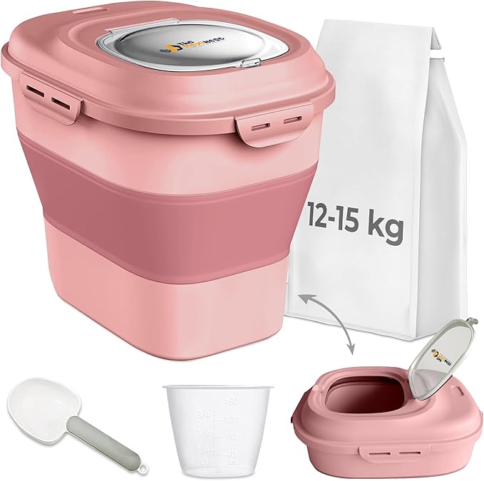 Dog Food Storage Container 30-35 lb, Airtight Collapsible Cute Dog Food Container with Wheels & Scoop, Stackable Pet Food Storage Container for Dog & Cat Food (Pink)