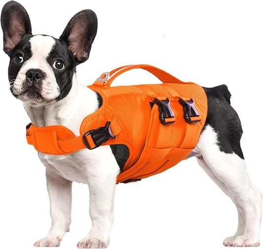 Kuoser Dog Life Jacket, XXL Dog Life Vest for Swimming Boating, Reflective Doggie Swimming Vest Pet Swim Preserver with Rescue Handle, Orange XXL