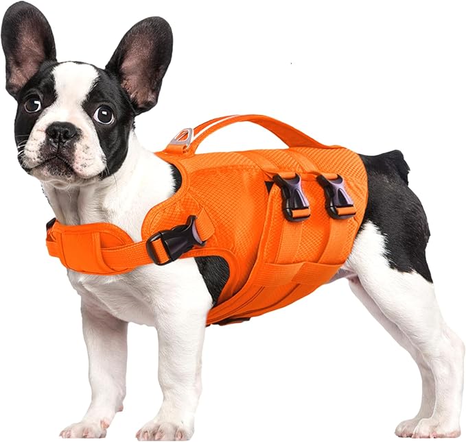 Kuoser Dog Life Jacket, Large Dog Water Vest for Swimming Boating, Reflective Doggie Swimming Vest Pet Life Preserver with Rescue Handle, Orange L