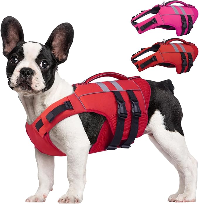 Kuoser Dog Life Jacket, High Flotation Puppy Life Vest for Swimming Boating, Reflective Dog Water Vest Pet Flotation Preserver with Rescue Handle, Red S