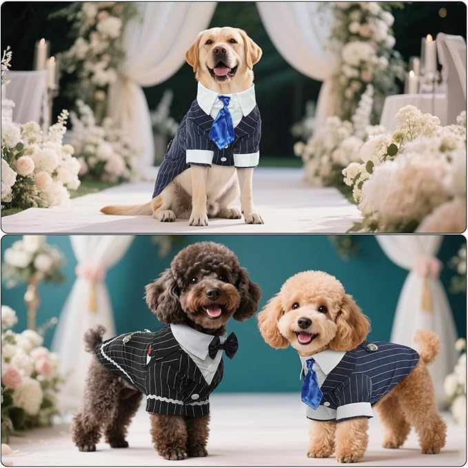 DENTRUN Navy Blue Dog Tuxedo - Formal Pinstripe Pet Suit Shirt with Satin Tie, Elegant Wedding Outfit Birthday Party Attire for Maltese Dachshund Yorkie Puppies Shih Tzu Small Medium Dogs, M