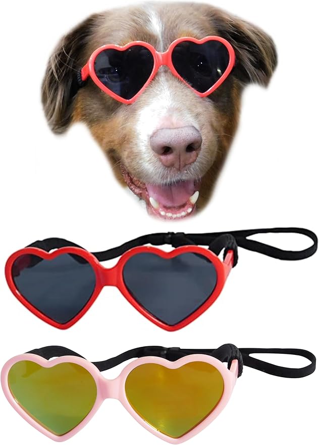 G012 Dog Pet Costume Prop Sunglasses Heart Shape Medium Breeds 20lb-40lbs (2-Pack Red +Pink-Pink Mirror)