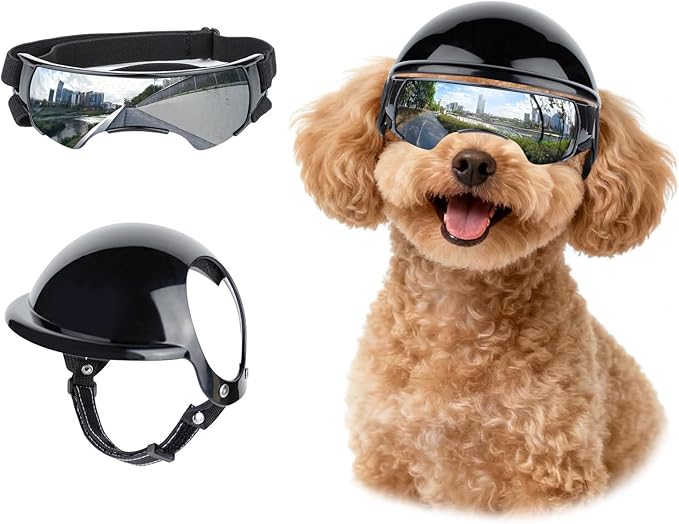 LESYPET Dog Helmet and Goggles for Small Dogs, UV Protection Dog Sunglasses Eye Protection Pet Motorcycle Helmet with Ear Hole for Riding, Windproof Dogs Goggles and Helmet Set, Silver and Black