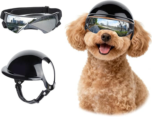 LESYPET Dog Helmet and Goggles for Small Dogs, UV Protection Dog Sunglasses Eye Protection Pet Motorcycle Helmet with Ear Hole for Riding, Windproof Dogs Goggles and Helmet Set, Silver and Black