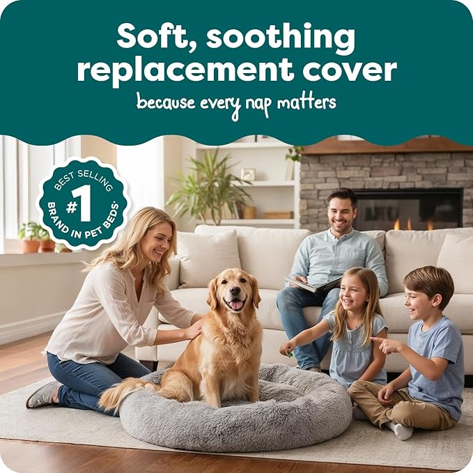 FurHaven Replacement Dog Bed Cover, Long Faux Fur for Calming Cuddlers, Machine Washable, Customizable Filling, Jumbo XL, Faux Fur, Misty Gray