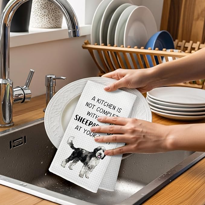 Sheepadoodle Gifts Dog Kitchen Towels, Gifts for Sheepadoodles Lovers Women Hand Towel, A Sheepadoodle at Your Feet Decorative Tea Dish Towels for Kitchens, Dog Owners Kitchen Decor, 16x24in
