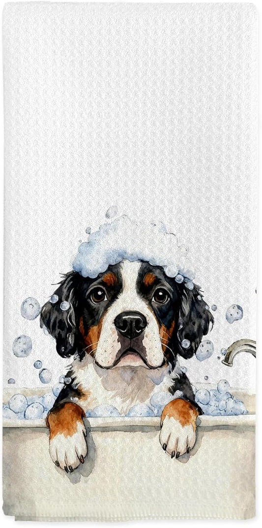 Funny Bernese Mountain Bathroom Hand Towels, Bernese Mountain Dog Dish Tea Towels, Funny Dog in Bathtub Hand Towel for Toilet Kitchen Restroom Decor, Dogs Gifts for Women Owners, 16x24 Inch