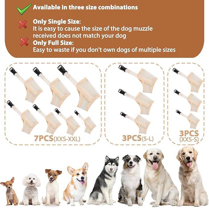 LUCKYPAW Dog Muzzle Suits for Small Medium Large Dogs, Mesh Muzzle Anti Biting Chewing, Breathable Mouth Cover Set with Adjustable Strap for Grooming Vet Visiting Training (7 PCS(XXS-XXL), Beige)